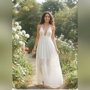 Stunning Boohoo Lace Insert Hallterneck Sexi Maxi Dress Cream Sz 10 New With T